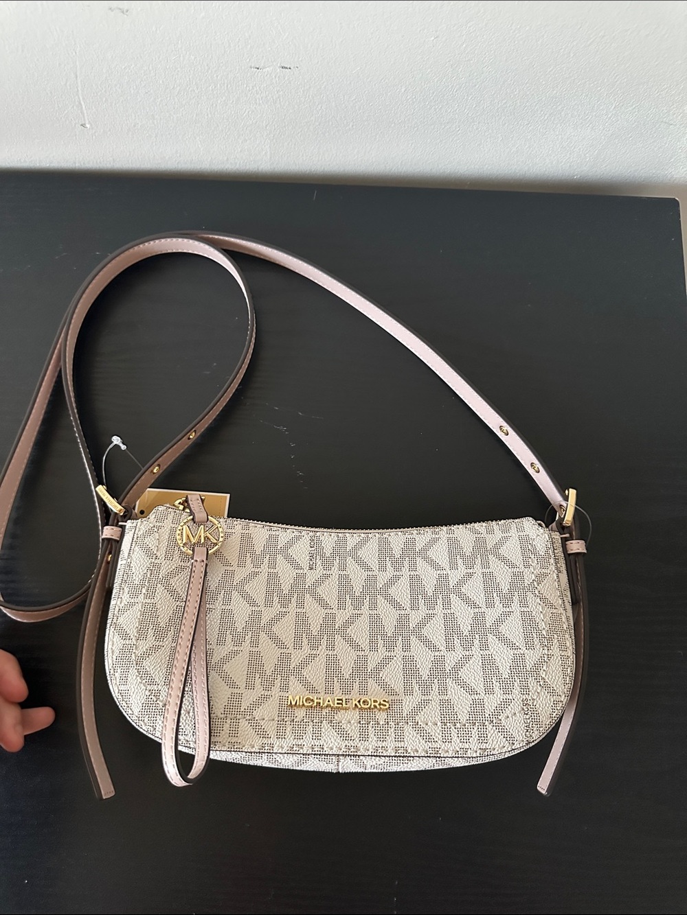 Michael Kors Light Beige Monogram Crossbody Bag with Pink Trim